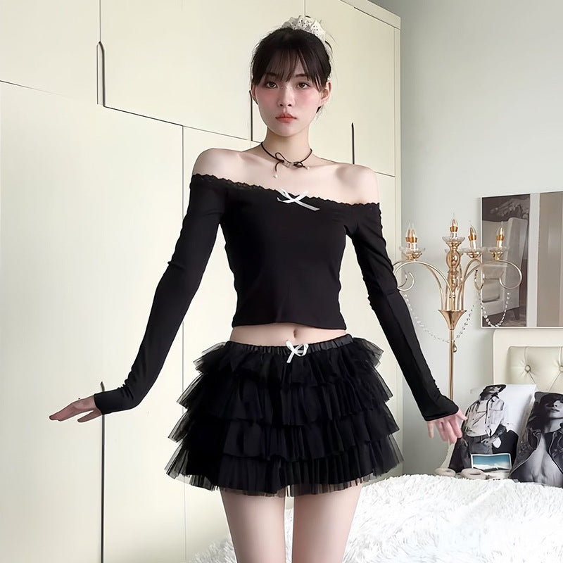 Damen Off-Shoulder Shirt mit Spitzendetails und enganliegendem Schnitt Drune