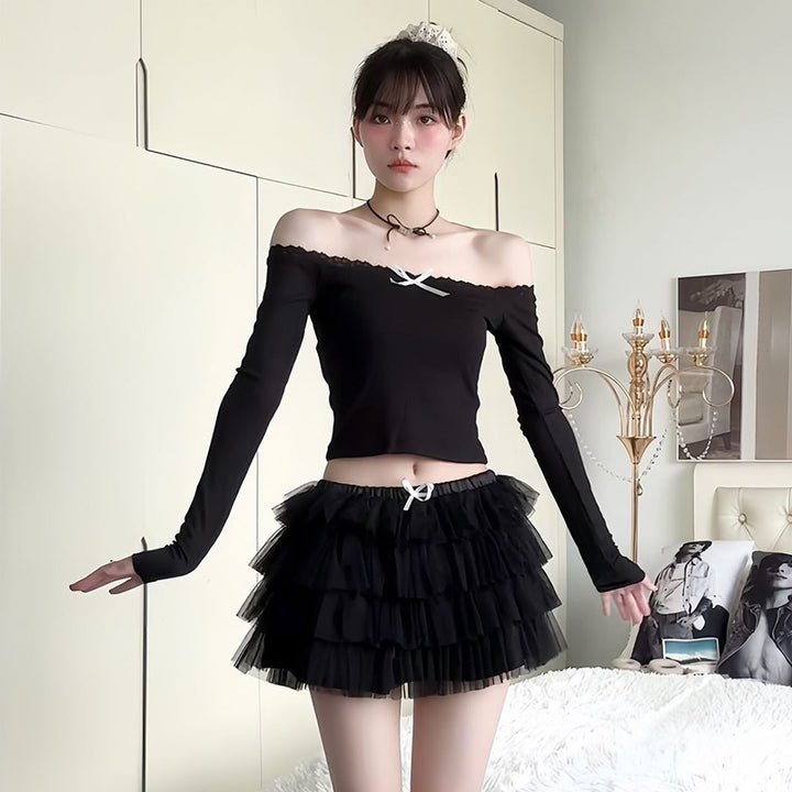Damen Off-Shoulder Shirt mit Spitzendetails und enganliegendem Schnitt Drune