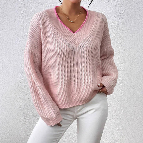 Damen Grobstrickpullover mit modernem V-Ausschnitt und trendigen Farbakzenten Drune