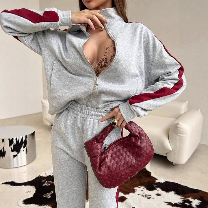 Damen Sportliches Fleece-Sweat-Set mit hohem Kragen und seitlichen Streifen Drune