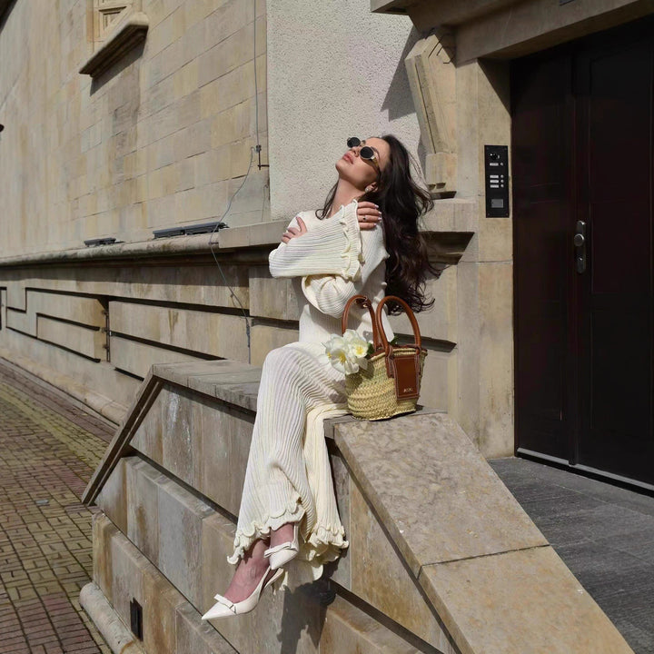 Damen elegantes Maxikleid aus leichtem, strukturiertem Material mit Rüschendetails Drune