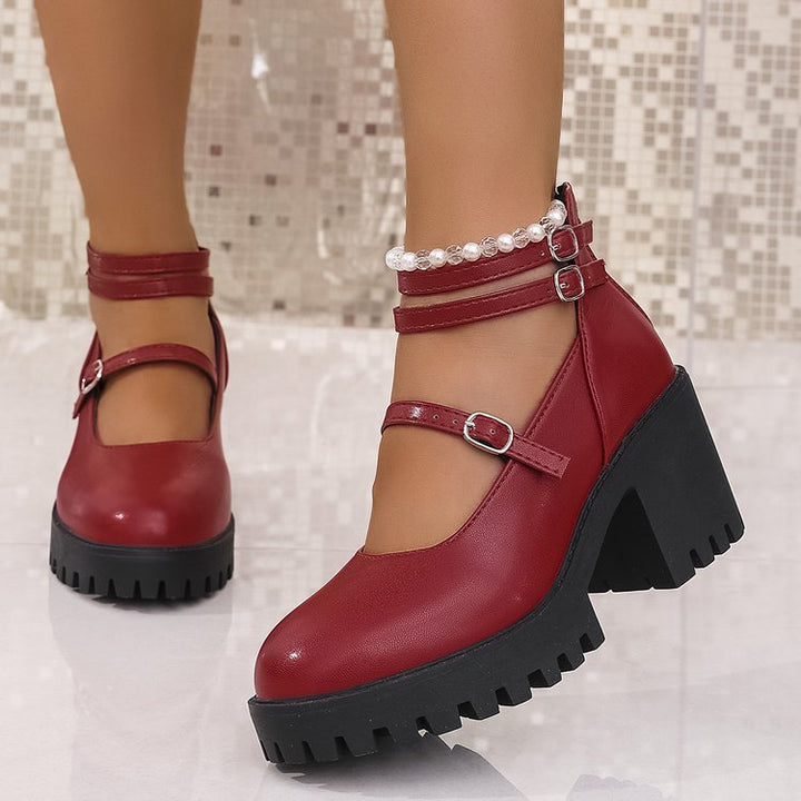 Damen Blockabsatz-Schnürschuhe mit modischem Riemendesign und rutschfester Sohle Drune