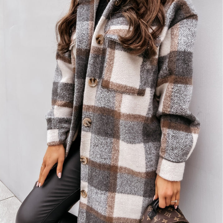 Damen Modischer Karomantel mit Knopfdetails Drune