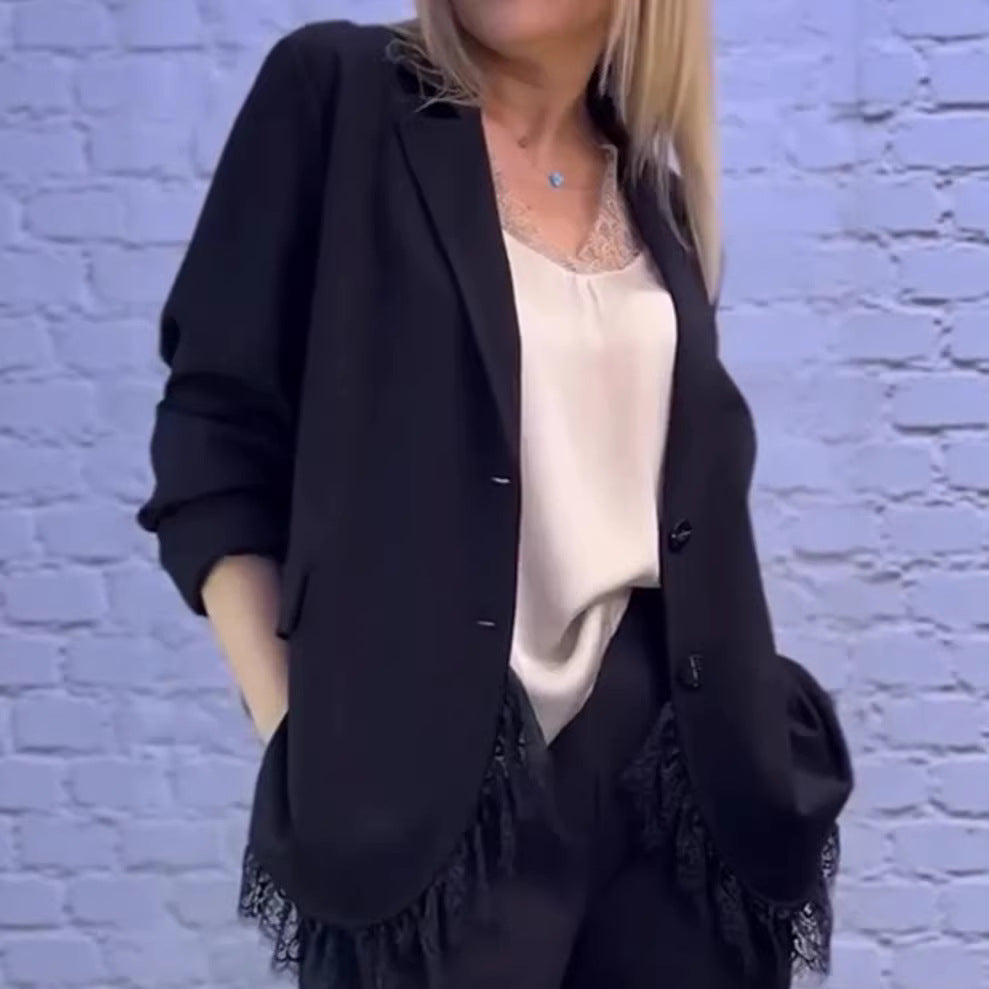 Damen elegante Blazerjacke mit Spitzendetails Drune
