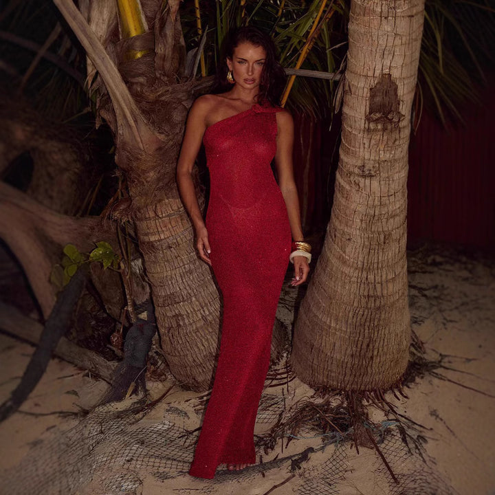 Damen Elegantes asymmetrisches Maxikleid aus Netz Drune