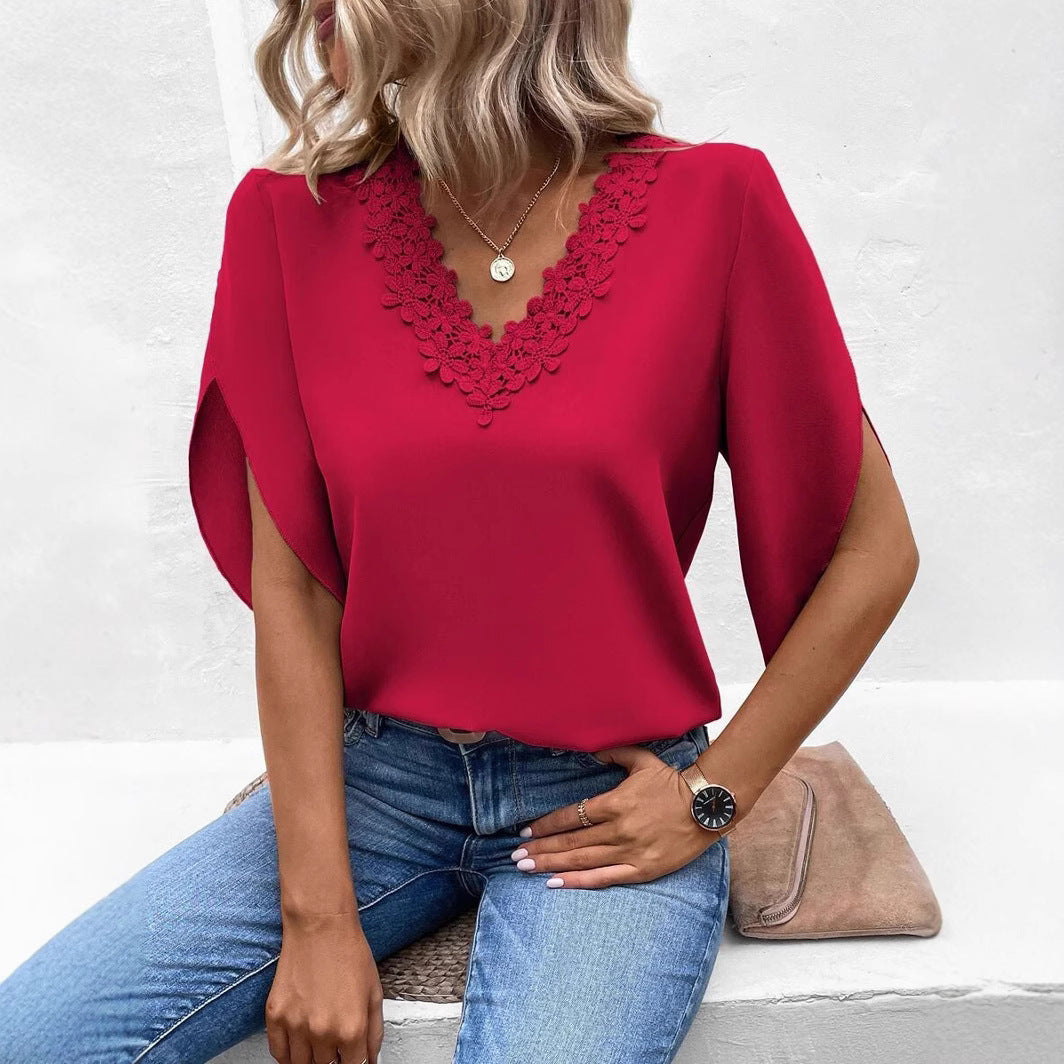 Damen Bluse mit floralen Spitzenapplikationen und eleganten Cut-Out-Ärmeln Drune