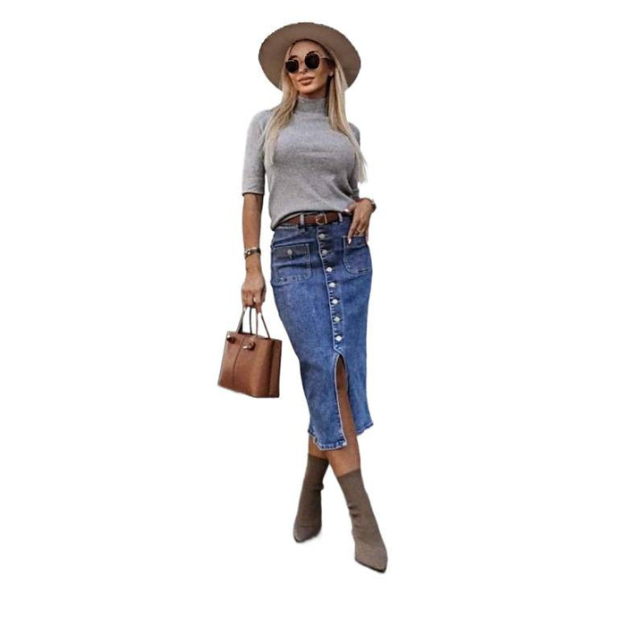 Damen Denim Midirock mit Knopfdetails und seitlichem Schlitz Drune