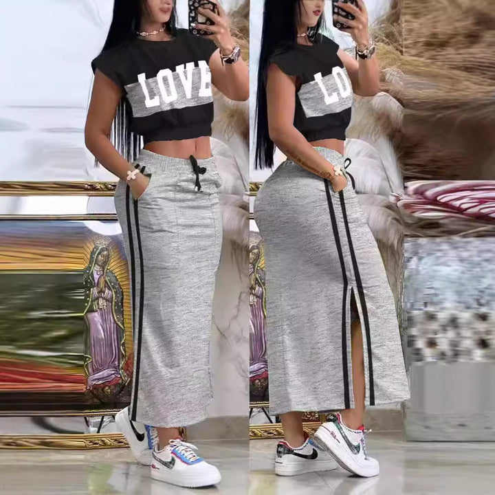 Damen Sportliches Crop-Top und Maxirock Set Drune