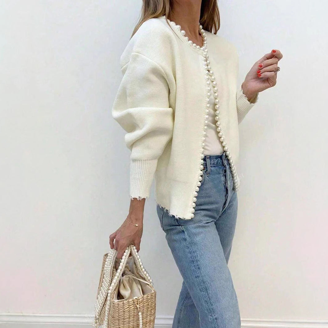 Damen elegante Strickjacke mit perlbesetzten Knopfdetails und modernem Schnitt Drune