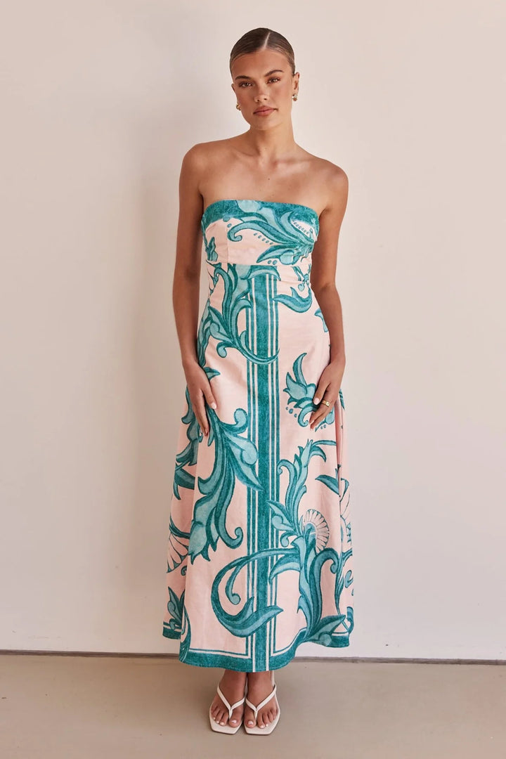 Damen Strapless Maxikleid mit floralem Design und elegantem A-Linien Schnitt Drune