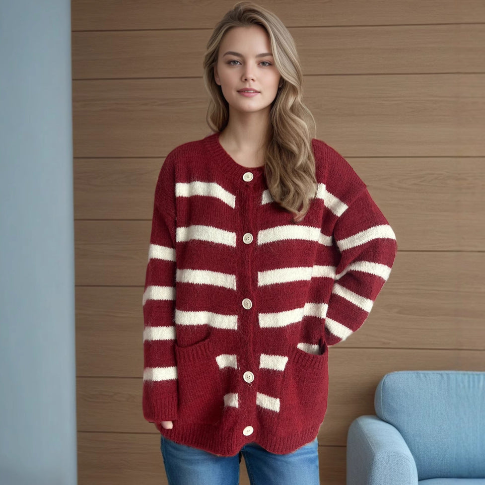 Damen Strickjacke mit dekorativen Knopfdetails und modischem Streifenmuster Drune