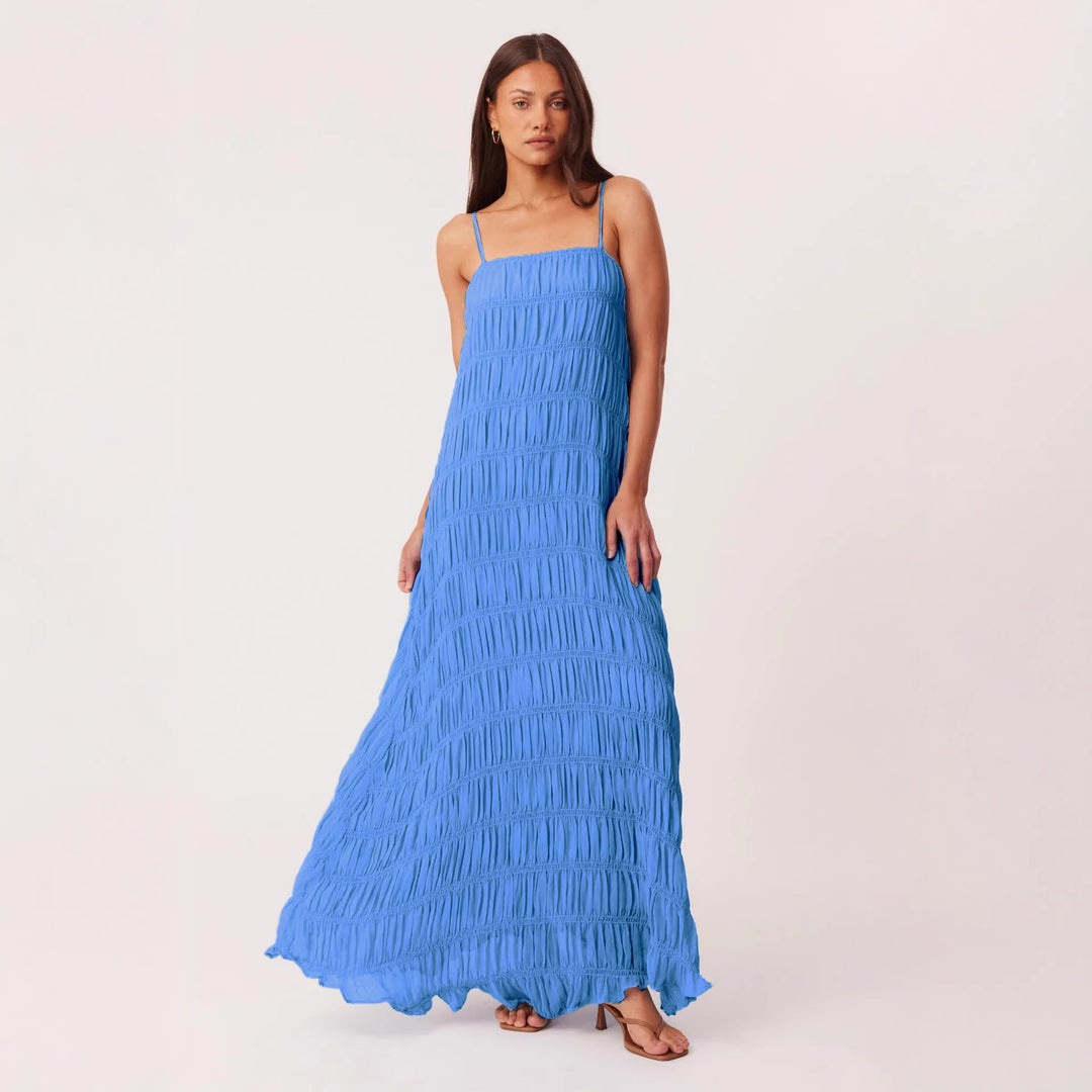 Damen Maxikleid mit romantischem Faltenstruktur und zarten Spaghettiträgern Drune