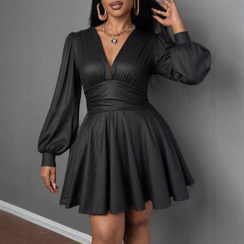 Damen elegantes Minikleid mit tiefem V-Ausschnitt und voluminösen Puffärmeln Drune