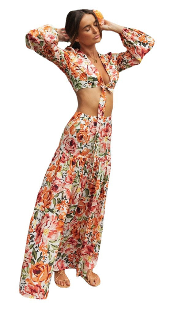 Damen Boho-Chic Maxikleid mit Volant und Puffärmeln Drune