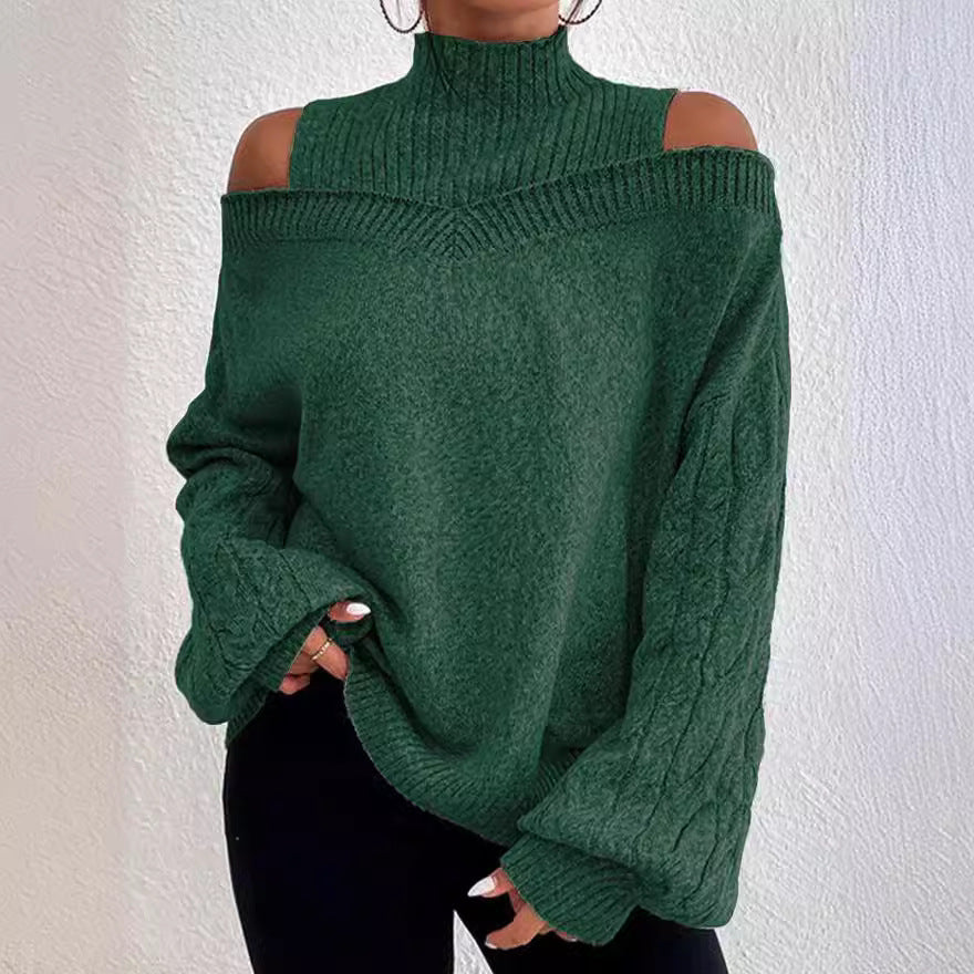 Damen nan schulterfreier Strickpullover mit Stehkragen und Zopfmusterärmeln Drune