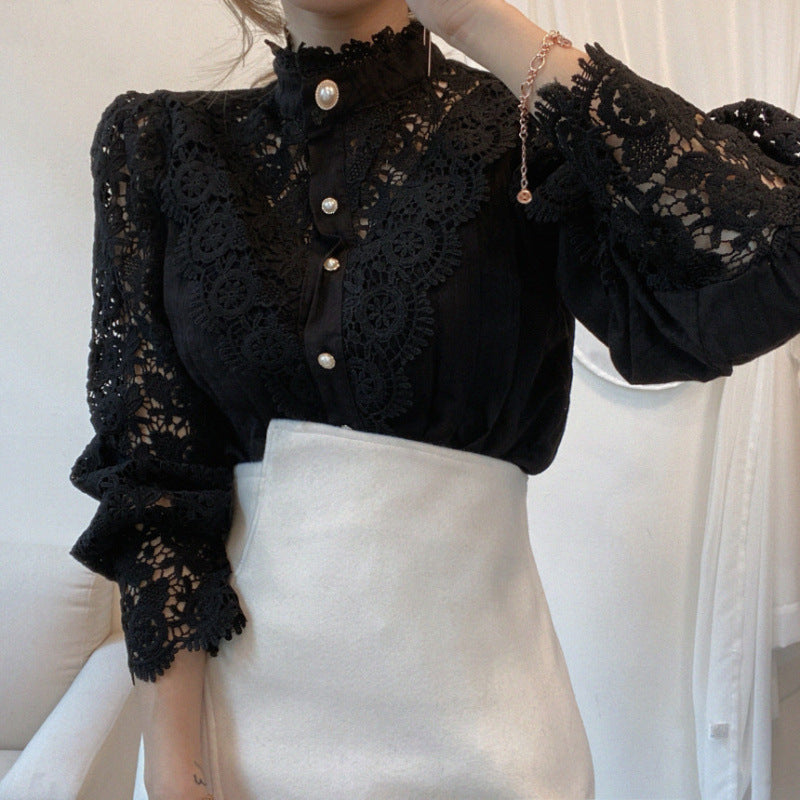 Damen elegante Spitze Bluse mit hohem Kragen Drune