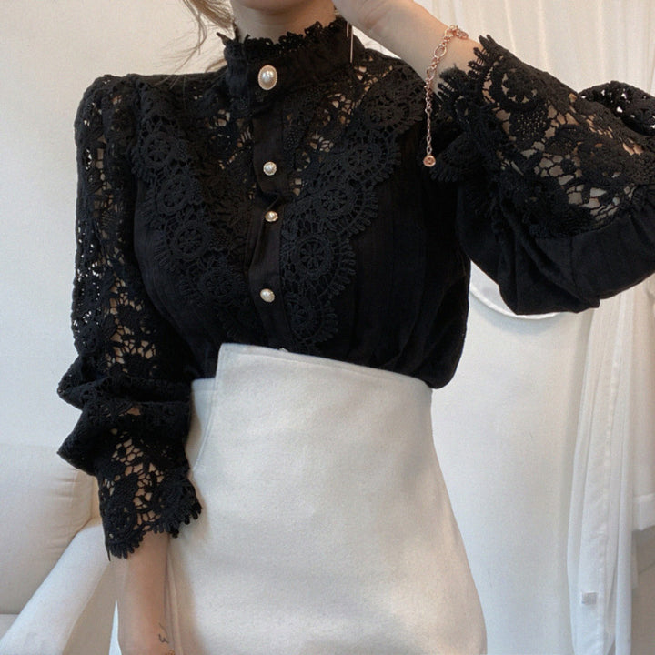 Damen elegante Spitze Bluse mit hohem Kragen Drune