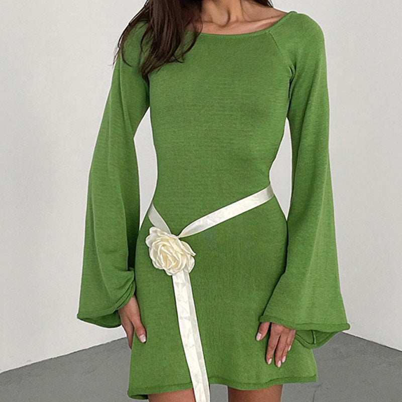 Damen lässiges Strickkleid mit weiten Ärmeln und Rundhalsausschnitt Drune