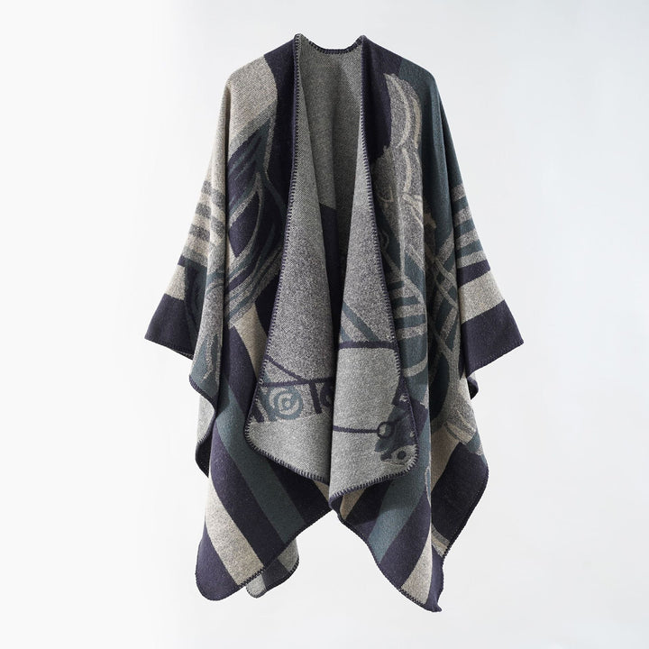 Damen eleganter Strickponcho mit kunstvollem Muster und feinen Fransen Drune