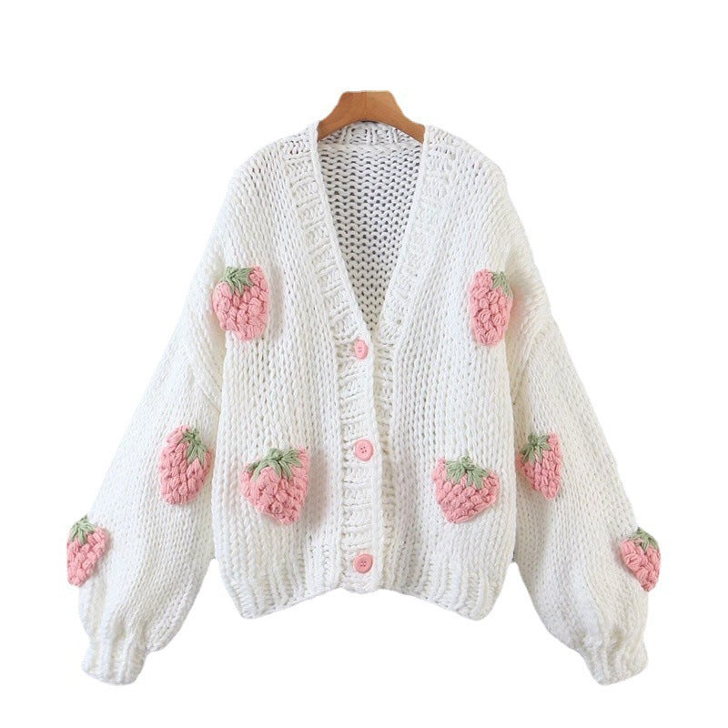 Damen Strickjacke mit Erdbeerapplikationen und Knopfverschluss Drune