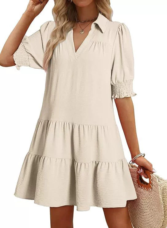 Damen luftiges Sommerkleid mit schickem Kragen und Rüschendetails Drune