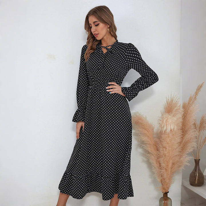 Damen Maxikleid mit eleganten Punkten und taillierbarem Gürtel Drune