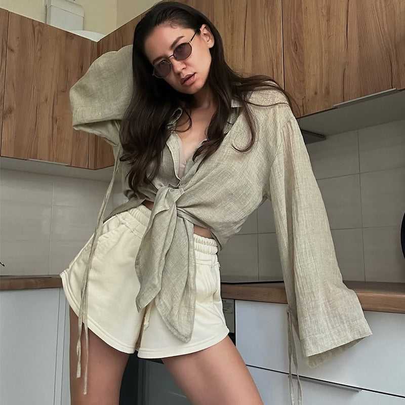 Damen lässige Leinenbluse mit bindbarem Gürtel Drune