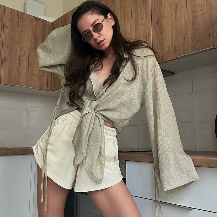 Damen lässige Leinenbluse mit bindbarem Gürtel Drune