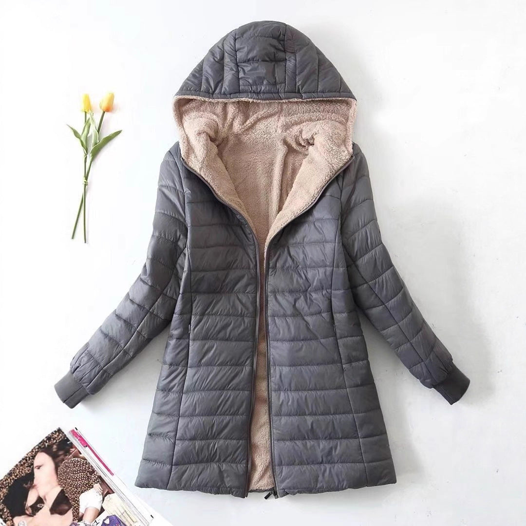 Damen gesteppte Winterjacke mit Kapuze und kuscheligem Innenfutter Drune