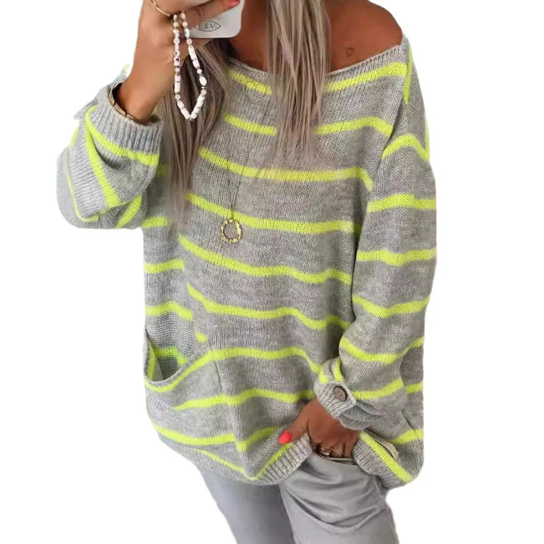 Damen lässiger Strickpullover mit elegantem Streifenmuster und praktischer Brusttasche Drune