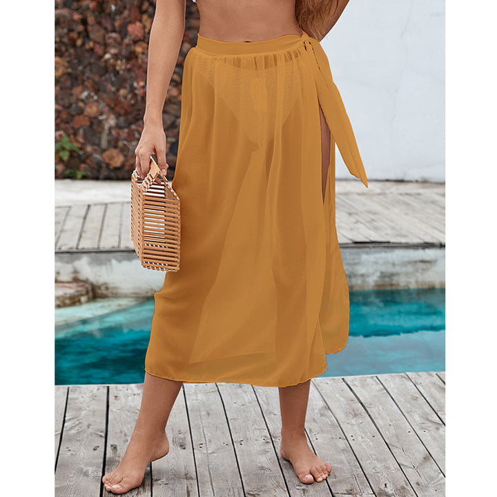 Damen eleganter transparenter Strandrock mit seitlichem Schlitz und bindbarem Gürtel Drune