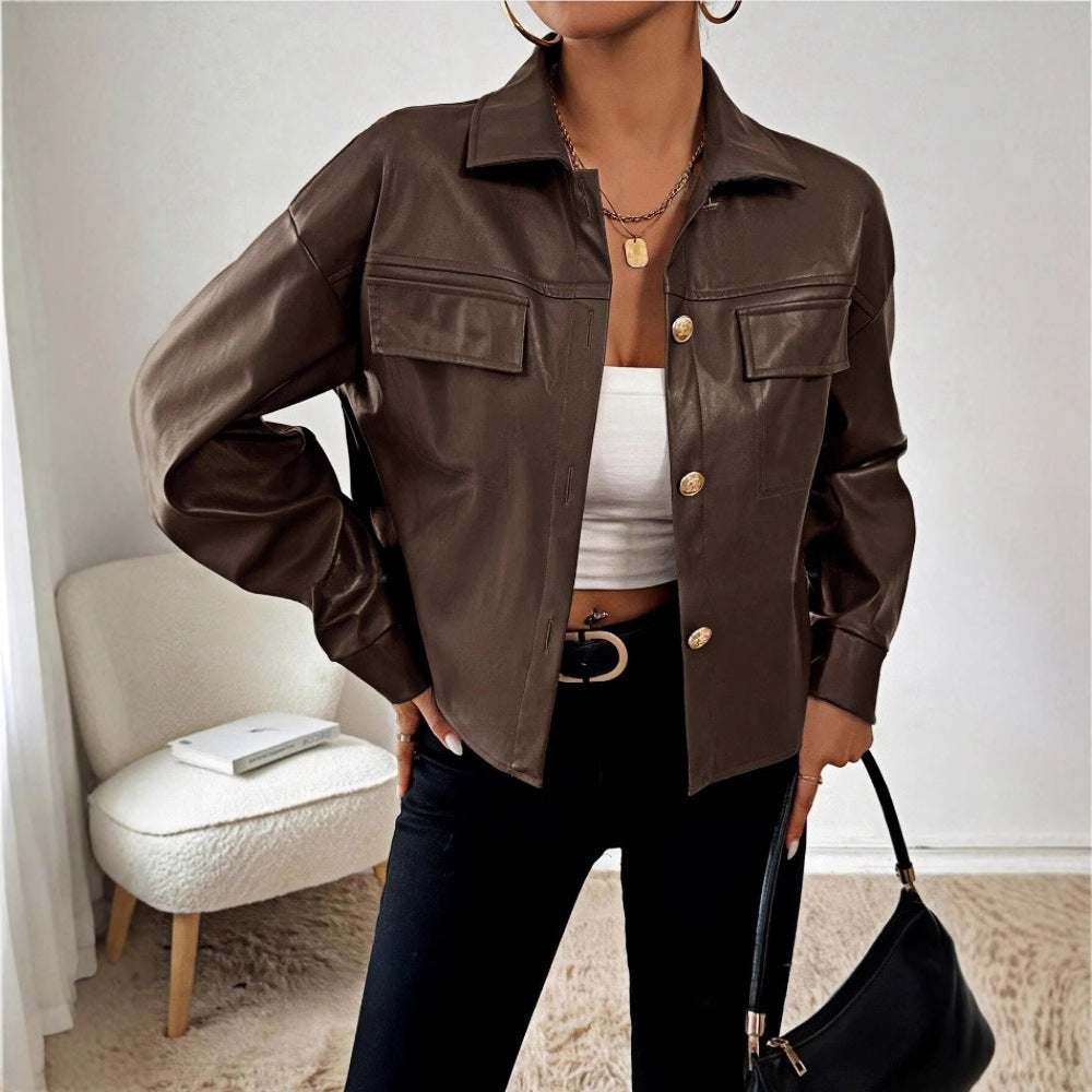 Damen Modische Kunstlederjacke im Oversized-Stil Drune