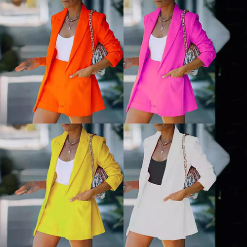 Damen nan figurbetontes Longblazer- und High-Waist-Shorts-Set mit überschnittenen Schultern und aufgesetzten Taschen Drune