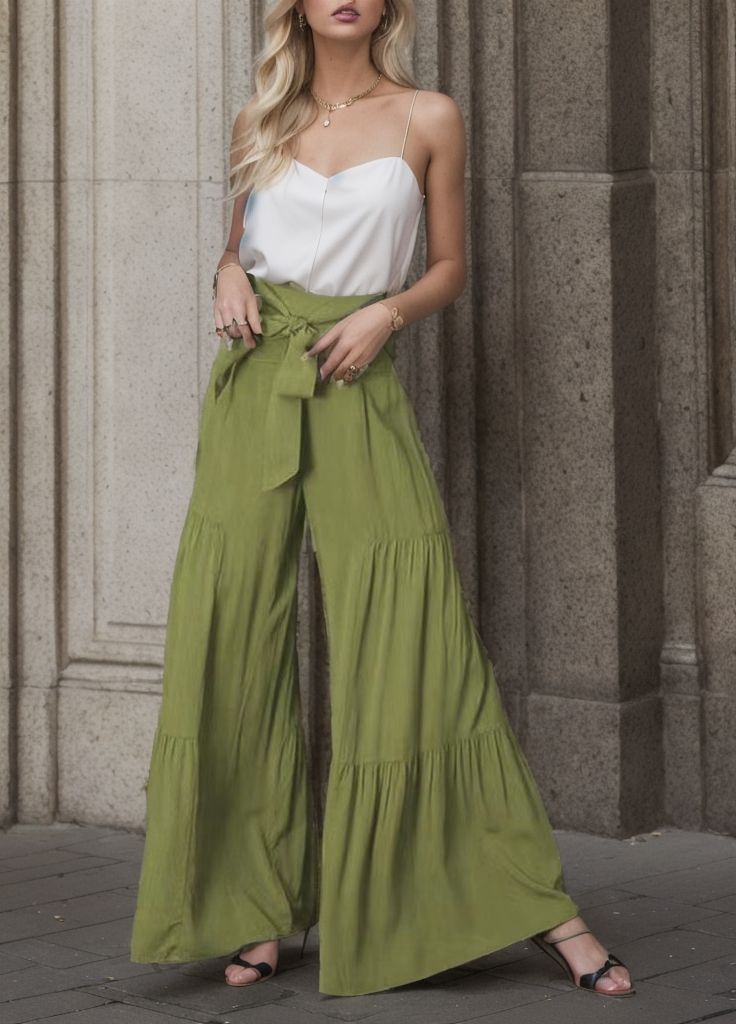 Damen weite Palazzo-Hose mit hochsitztendem Bund und Taillengürtel Drune