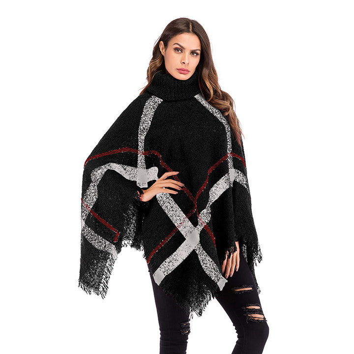 Damen Oversized Poncho mit rollkragen und lässigem Karomuster Drune