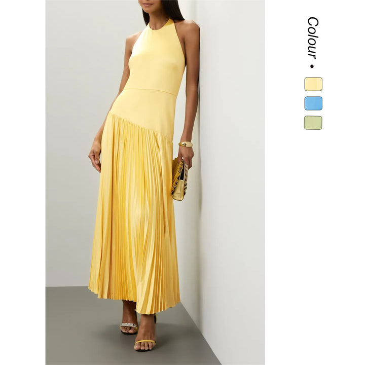 Damen Elegantes Maxi-Kleid mit fließendem Faltenrock und Halterneck-Design Drune