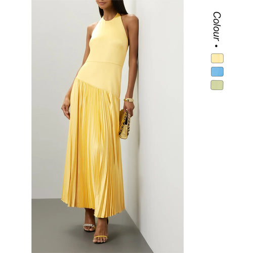 Damen Elegantes Maxi-Kleid mit fließendem Faltenrock und Halterneck-Design Drune