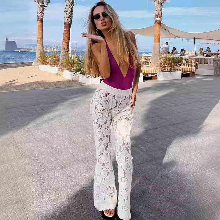 Damen Elegante Spitzenhose mit weitem Bein und floralen Details Drune