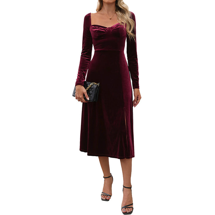 Damen elegantes Maxikleid mit raffiniertem V-Ausschnitt und langer Armel Drune