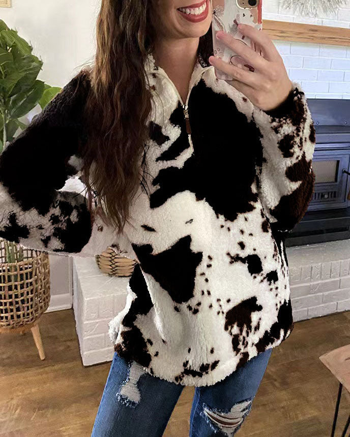 Drune Kuhmuster Polar Fleece Reißverschluss Sweatshirt