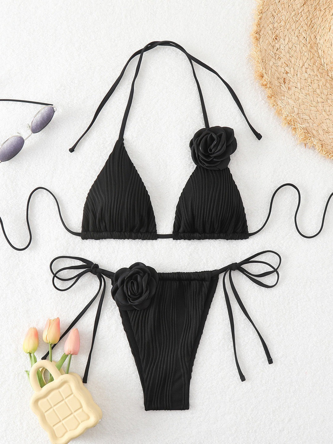 Damen Triangel-Bikini mit floralen Akzenten und raffiniertem Ripp-Design Drune