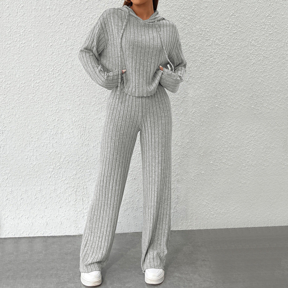 Damen gemütliches Strick-Set mit lässigem Hoodie und weitem Bein Drune