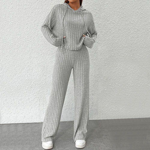 Damen gemütliches Strick-Set mit lässigem Hoodie und weitem Bein Drune