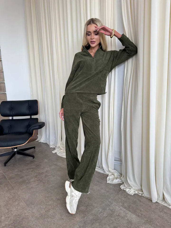 Damen sportliches Fleece-Set mit hohem Kragen und weitem Bein Drune