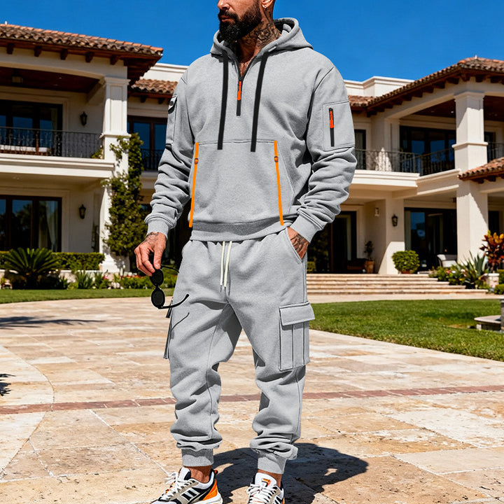 Herren nan urbanes Hoodie-Cargo-Set mit versteckten Reißverschlüssen, Mehrfach-Taschen und elastischem Saum Drune
