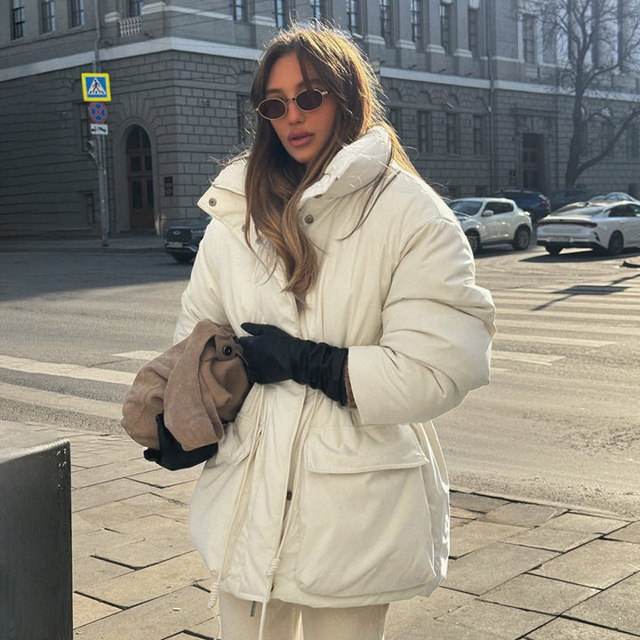Damen Oversized Daunenjacke mit Taillenzug und hohem Kragen Drune