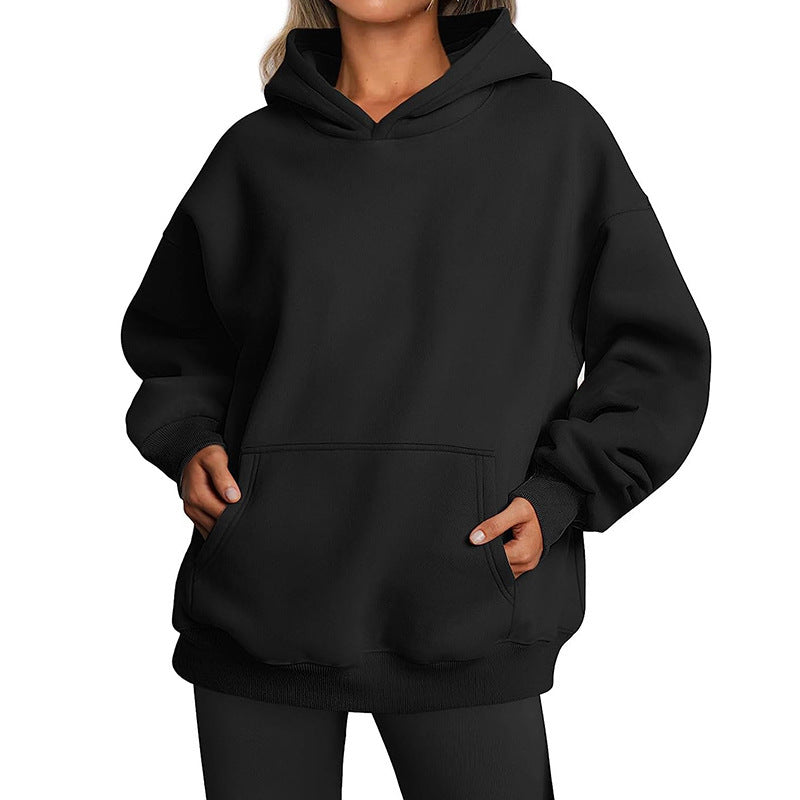 Damen nan Relax-Fleece Kapuzenpullover mit Kängurutasche, verlängerter Rücken und überschnittener Schulter Drune