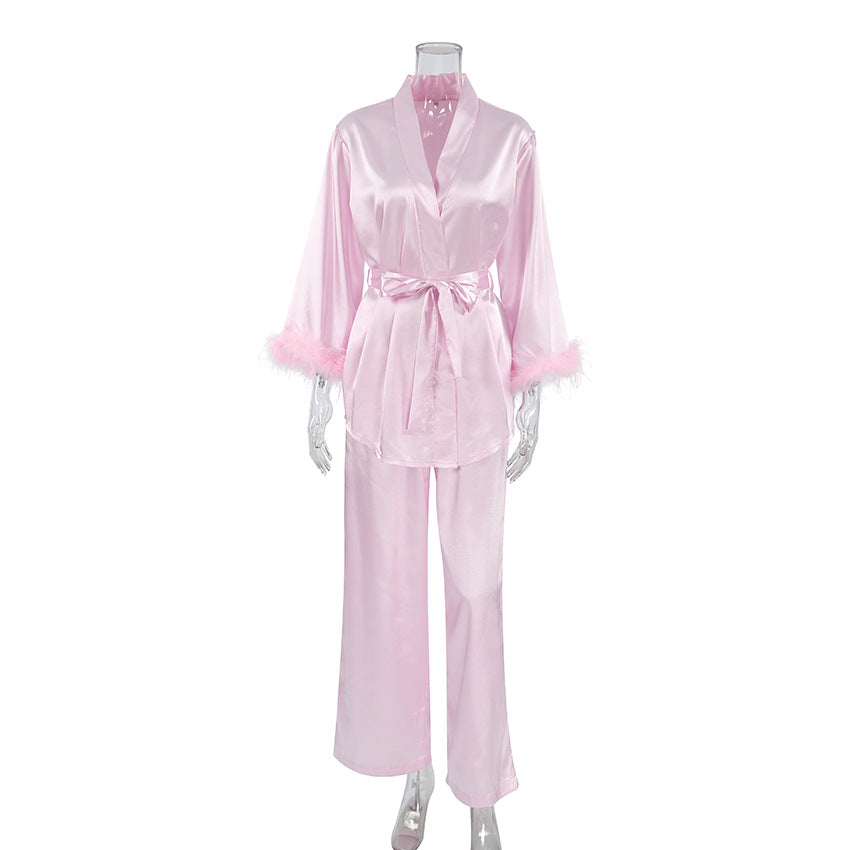 Damen elegantes Satin-Pyjama-Set mit modischen Federdetails Drune