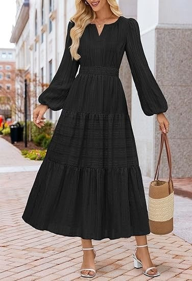 Damen Maxikleid mit voluminösen Ärmeln und schwingendem Saum Drune
