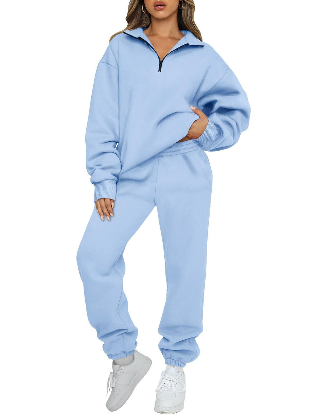 Damen nan Halbzip-Loungewear-Set mit übergroßem Kragenpullover und taillierter Jogginghose mit elastischem Bund Drune